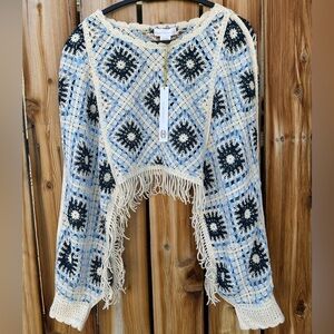 House Of Harlow 1960 Blue & Cream Crochet Fringe Cropped Shrug Sweater Size 0S